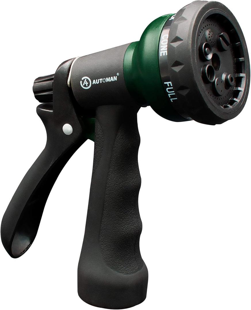 AUTOMAN-Garden-Hose-Nozzle, ABS Water Spray Nozzle with 7 Adjustable Watering Patterns, Slip Resistant for Watering Plants, Lawn& Garden, Washing Cars, Cleaning, Showering Pets & Outdoor Fun. (Dark Green)