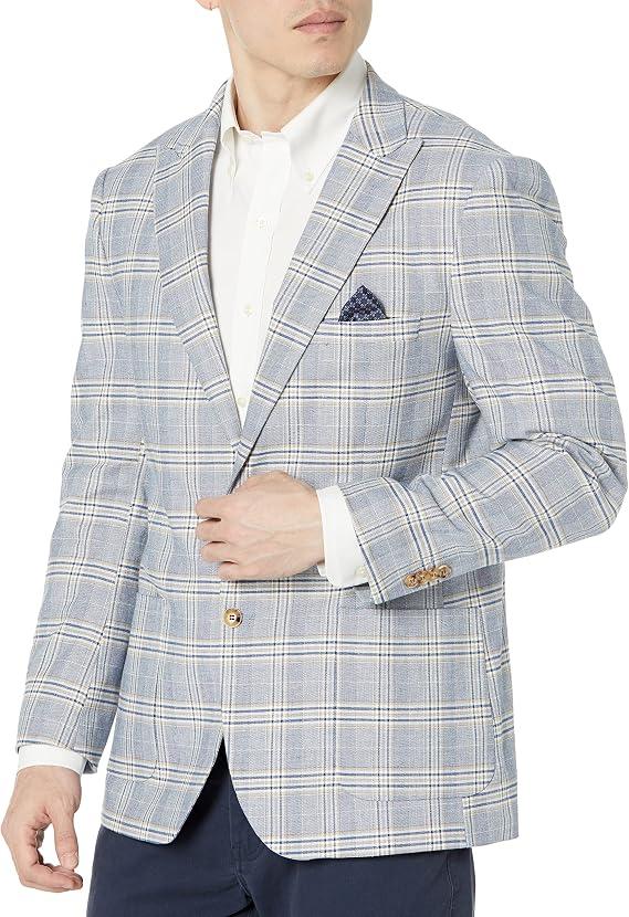 Isaac Mizrahi Mens Men's Slim Fit Linen Blend Check Sport JacketBusiness Suit Jacket, Size 42