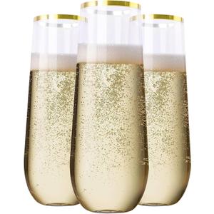 SUT 36PCS Stemless Plastic Champagne Flutes, 9 Oz Gold Rim Clear Plastic Toasting Glasses Shatterproof Cocktail Cups Mimosa Cups Stemless Glass Glasses Disposable for Wedding Parties & Shower