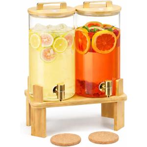 1.5 Gallon 2PCS Glass Drink Dispenser for Parties,Beverage Dispenser with Wooden Stand, Lemonade Dispenser,Juice Containers & Water Pitcher with Lid for Lemonade, Iced Tea and Party Drinks