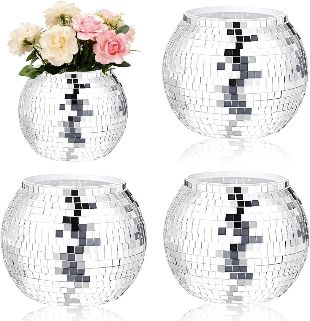 Disco Ball Vase 9" X 7.08" 4 Pcs Disco Ball Vases for Centerpieces Silver Mirror Disco Ball Planter for Wedding Table Centerpieces Birthday Party Decoration