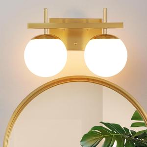 Gold Mid Century Modern Vanity Light Fixtures, 2 Light Bathroom Vanity Light,Globe with Milk White Glass Shade, Bathroom Lights Over Mirror for Bedroom Hallway Living Room