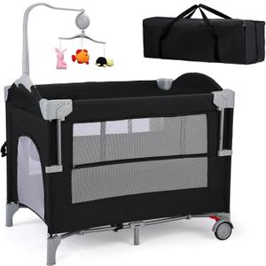 JOYMOR 4 in 1 Pack and Play, Baby Bedside Bassinet, Sturdy Play Yard with Padded Mat and Toy bar with Soft Toys (Black)