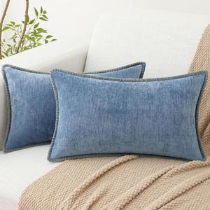 decorUhome Chenille Soft Cozy Throw Pillow Covers 12x20 Set of 2, Modern Farmhouse Boho Velvet Decorative Pillow Cases with Stitched Edge for Couch Sofa Bed Home Decor, Blue