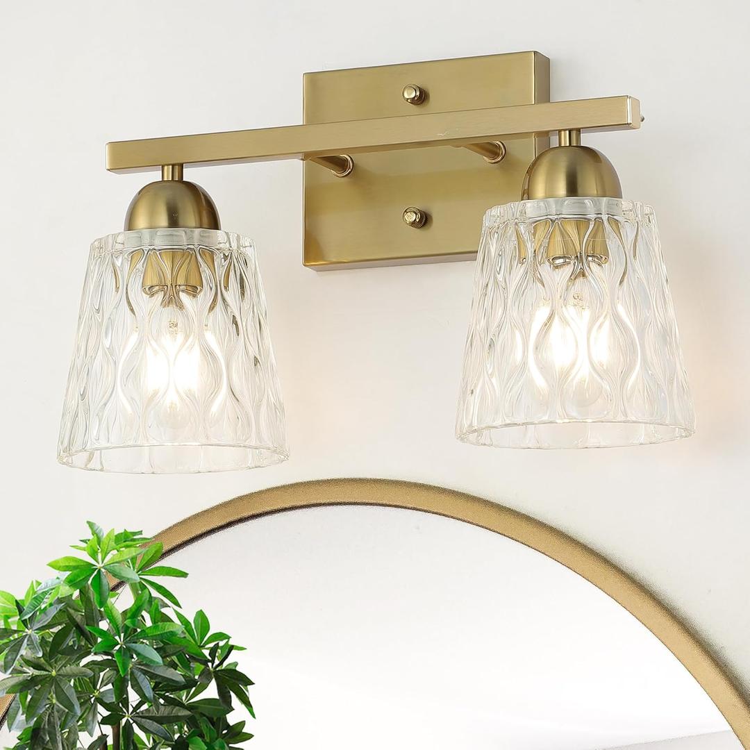 Stainless Steel Bathroom Vanity Light Over Mirror, 2 Light Brushed Gold Bathroom Light Fixtures with Textured Glass Shades, Modern Vanity Lighting Wall Mount