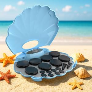 Shell-Like Massage Stone Warmer, 18pcs Basalt Hot Stone Massage Set, Electric Rock Heater Kit, Dry Heating Box for SPA Center, Beauty Salon, Travel & Home Use, Healing, Relaxing & Pain Relief, Blue