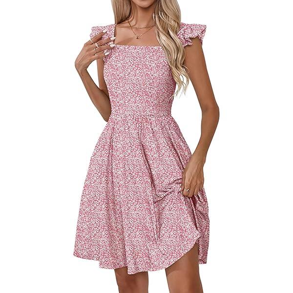 Naggoo Women's Summer Dresses Casual Square Neck Floral Sundress with Pockets A Line Flowy Beach Dress Size S
