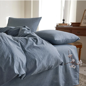 Cotton Duvet Cover , Queen Size, Chambray Denim Blue, 100% Washed Cotton, Linen Like Textured, Breathable Percale Durable Comfy Farmhouse Neutral Bedding Set, 1 Pieces