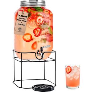 Gallon Glass Drink Dispenser with Stand for Parties  Stainless Steel Spigot, Metal Lid, and Drip Tray  Classic Mason Jar Lemonade Dispenser for Iced Tea, Kombucha, and More