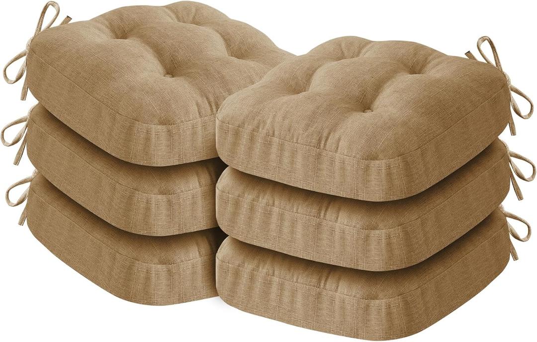 Chair Cushions for Dining Chairs, Dining Chair Cushions, Tufted Indoor Chair Pads with Ties & Non Slip Backing, Seat Cushions for Kitchen Chairs 16.5 x 16.5 x 3.5, Set of 6, Khaki