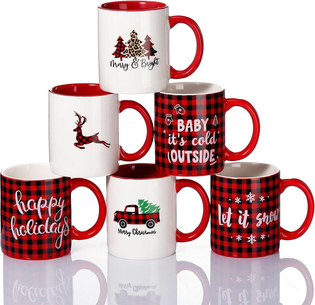 Zubebe 6 Pieces Christmas Coffee Mugs, 11oz Red Black Plaid Ceramic Mugs Cocoa Cups Milk Tea Mugs Coffee Bar Decor Christmas Party Supplies Appreciation Gift for Family Friends