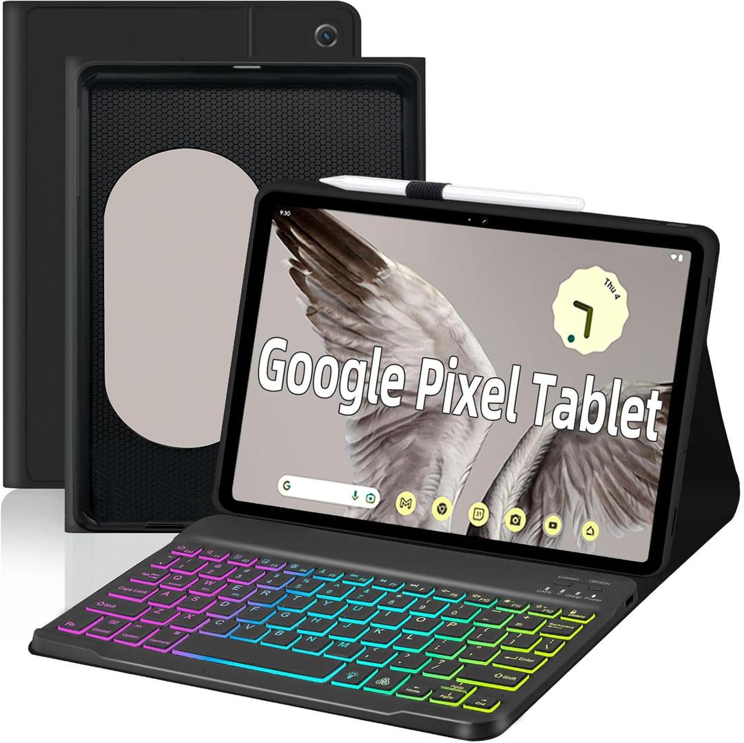 Case with Keyboard for Google Pixel Tablet 11 inch 2023 Release,7 Color Rainbow Backlit Detachable Type-C Charging Keyboard Magnetic Cover with Pencil Holder-Black