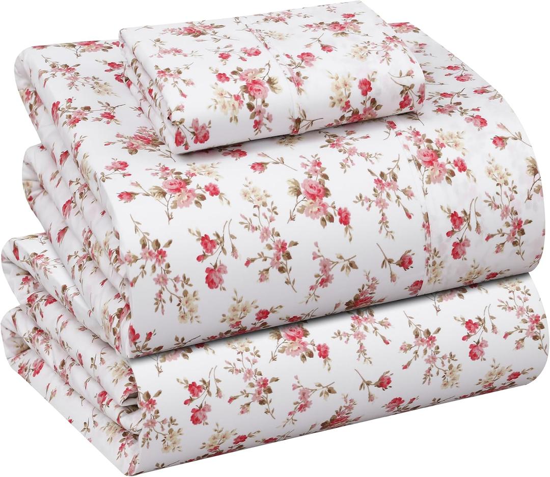 RUVANTI 100% Cotton Sheets Twin XL Size Percale Bedding, Cooling & Breathable Floral Design, Durable with a Crisp, Soft & Comfortable Feel, 16" Deep Pocket, 3-Piece Set, Bouquet