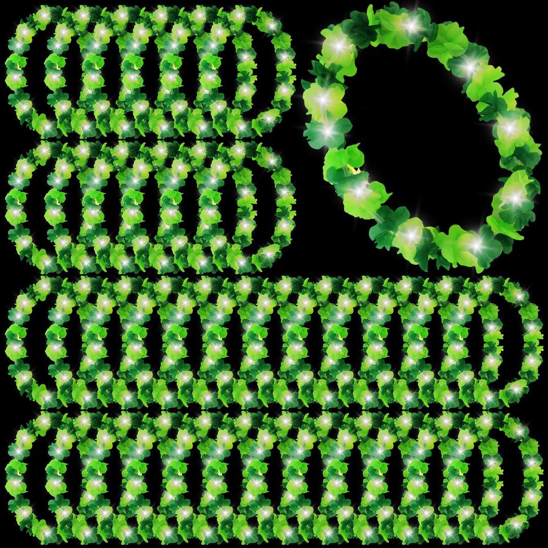 Sherr 48 Pcs LED Hawaiian Leis Light up Flower Leis Necklace with LED Lights Luau Flowers Necklaces for Masquerade Beach Wedding Tropical Themed Party Supplies(Bright Green)