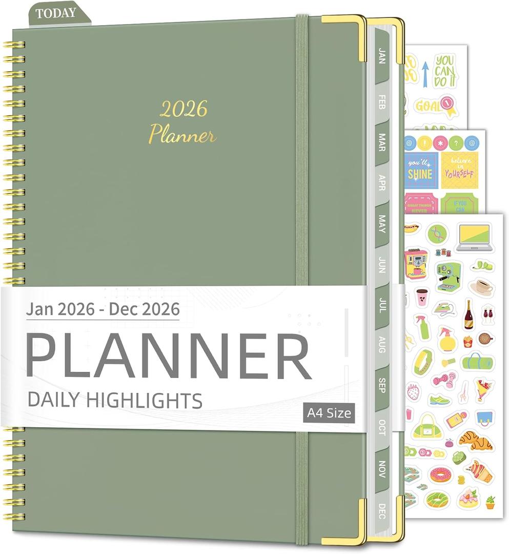 Daily Planner 2026 (8.5" x 11") - Weekly & Monthly Planner (Jan. 2026 - Dec. 2026), Column View Calendar Organizers, Hardcover Agenda Book with Tabs for Office & School, Green