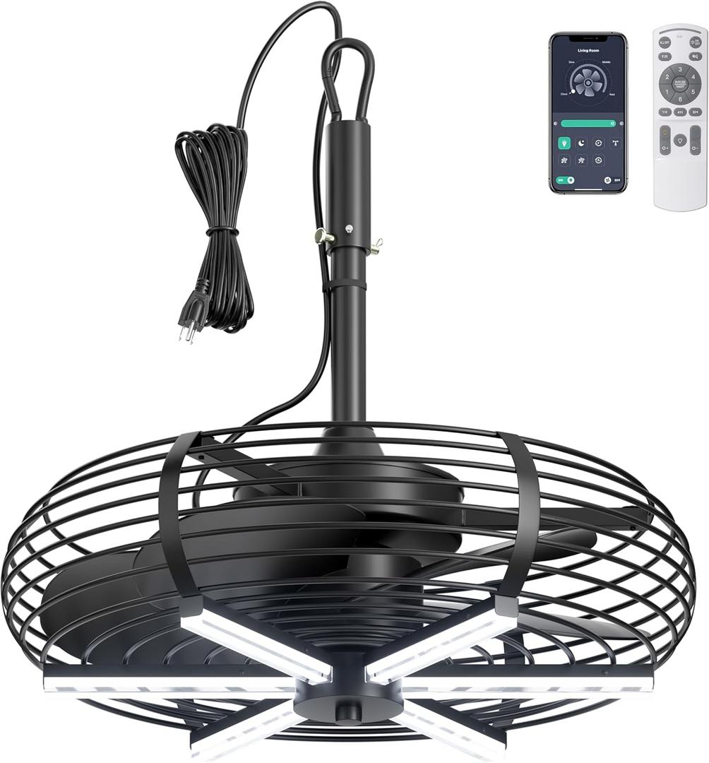 Coolbull Outdoor Ceiling Fans with Light for Patios, 20'' Gazebo Fan, Plug in Ceiling Fan, Waterproof, Remote&APP Control, Hanging with Hook, Black