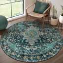 Ciicool Washable Area Rug Round 4x4 Teal Boho Bedroom Non-Slip Oriental Entry Throw Low-Pile Indoor Floor Carpet for Living Room Laundry Foyer Decor (Teal/Multi)