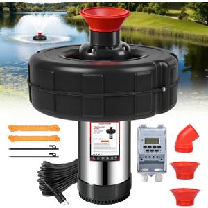 Pond Fountain Aerator, 1HP 110V 750W 15000 GPH Floating Fountain Pump with 100 FT Power Cord, 2 x 100 FT Rope, Timer, Fully Automatic Powerful Aerating Fountain for Larger Ponds, Lakes
