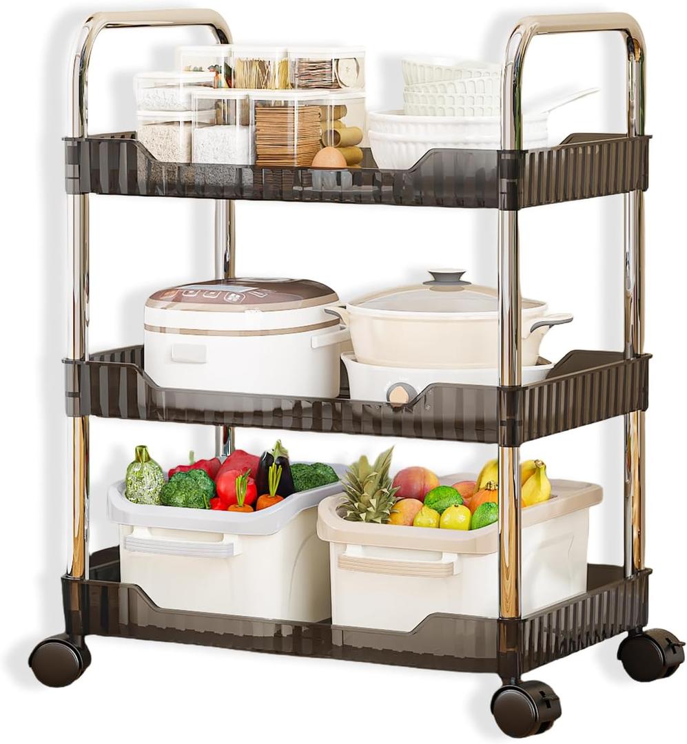 3 Tier Utility Cart Black, Acrylic Bathroom Cart Organizer Kitchen Organizer Rolling Storage Cart Mobile Shelving Unit Multi-Functional Shelves for Office, Kitchen, Living Room
