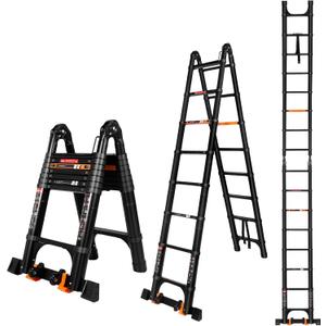 16.5 FT A Frame Telescoping Ladder, Adjustable Multi-Purpose Collapsible Extension w/Balance Bar & Wheels, Heavy Duty 330 lbs Max Capacity, Ideal for Home and Outdoor Work, Black