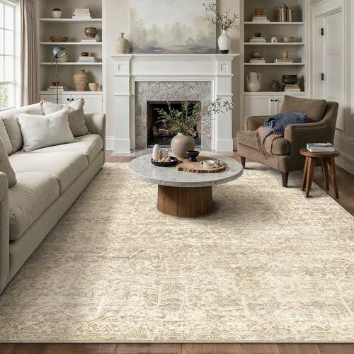 HUGEAR Area Rug 8x10 Retro Beige/Brown Machine Washable Living Room Rugs Distressed Vintage Floral Vacuumable Low Pile Carpet Bedroom Office Dining Room Laundry Room Non Slip Soft Lightweight