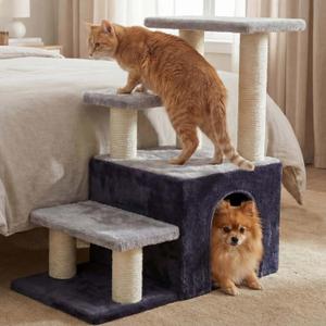 Heybly Cat Scratching Post, Sturdy Pet Stairs & Steps for Indoor Cats and Dogs, Small Cat Tree with Cat Condo, Full Wrapped Sisal Posts & Soft Plush Fabric, Smoky Gray & Light Gray HSP002SGW