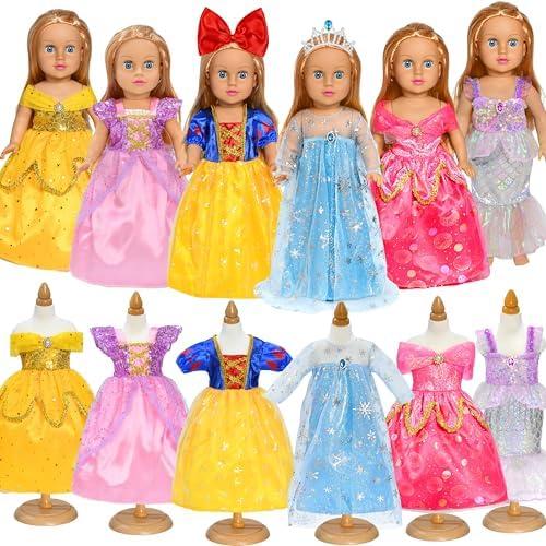 Lavwix 8 pcs American Doll Clothes Set for 18 inch Dolls, Doll Clothing Outfits Include 6 Different Princess Dresses, Crown, Hair Bow, Christmas Birthday Gift for Girls