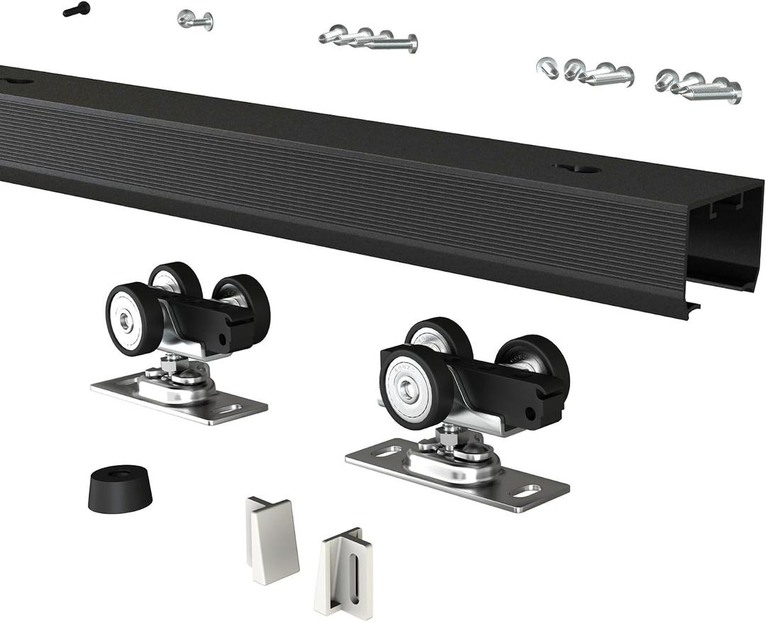 Pocket Door Hardware and Track Set, 96Inch Sliding Door Aluminium Alloy Box Rail Hardware for Single Wooden Door,Black, PD-8Feet-B