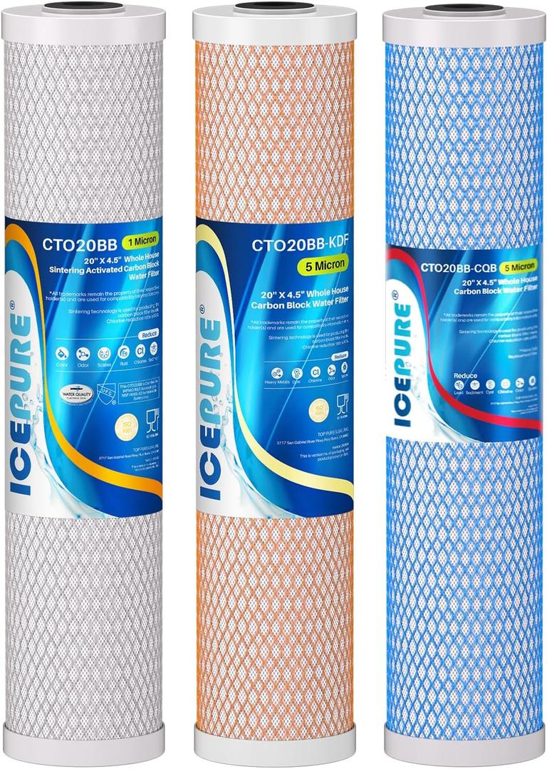 ICEPURE 4.5" x 20" Whole House CTO Carbon Water Filter, Activated Carbon Block, KDF Cartridge and Activated Carbon Lead Remove Filter Replacement Set for 3-Stage Water Filter System, Pack of 1