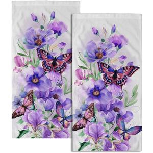 Imiss Purple Floral Butterfly Hand Face Towel 14.4 x 28.3 Inch Set of 2 Watercolor Botanical Plant Leaves Decor Bathroom Fingertip Multipurpose Towels for Home Hotel Gym Spa