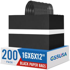 GSSUSA Large Paper Bags with Handles16x6x12 200 Pack, Gift Bag for Small Business, Paper Shopping Bag, Grocery, Food Service Take Out, Large Kraft Paper Bags, Bulk, Black