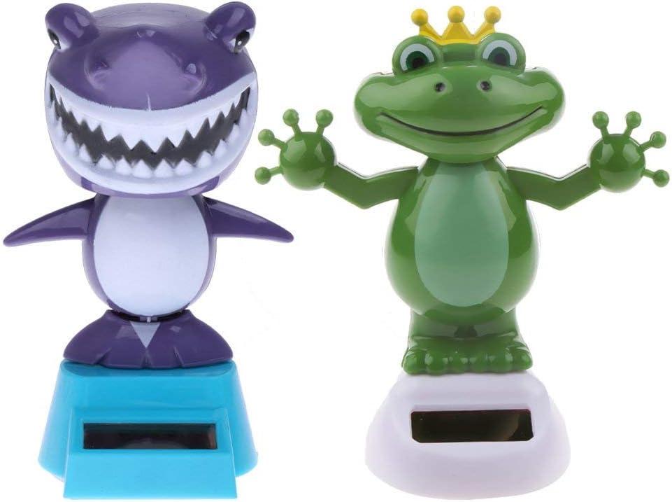 2pcs Solar Powered Dancing Toys Swinging Animated Bobble Head Dancer Toy Car Decor Ornament Frog + Shark