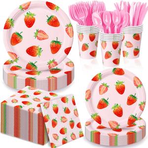168 Pcs Strawberry Birthday Decorations, Includes Plates, Napkins, Cups, Cutlery for Berry First Birthday Decor, Serves 24, Pink Strawberry Party Tableware