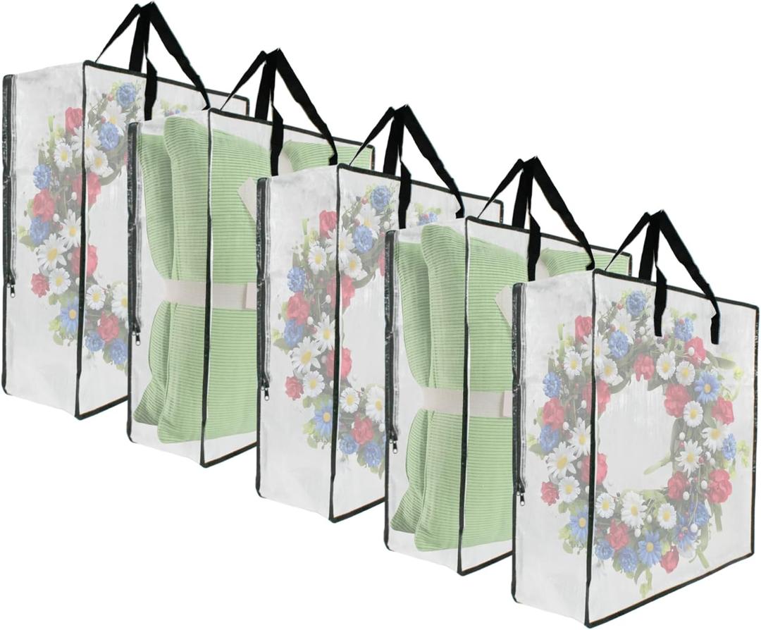 Moving Bags, Wreath Storage Bag, Garland Container, Clear Storage Bags with Handles and Zippers Moving Bag for College Carrying, Bedding, Toys Organizer, Under the Bed Storage, Black