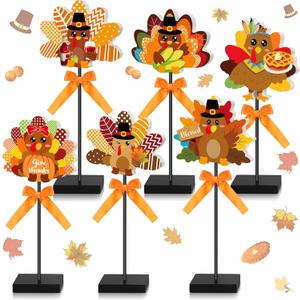 6 Pcs Thanksgiving Turkey Table Decorations Set Turkey Wooden Sign Fall Party Decor Tall Standing Table Sign for Harvest Happy Thanksgiving Autumn Party Supplies Home Office Decorations