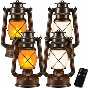 Battery Powered Vintage LED Lanterns 4 Pack with Remote Control, 2 Lighting Modes Flickering Flame Steady Light, Hanging Lanterns for Patio Garden Porch Camping Indoor Outdoor Decor Halloween