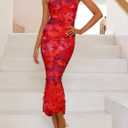PRETTYGARDEN Wedding Guest Dresses for Women Summer 2026 One Shoulder Ruched Mesh Bodycon Cocktail Beach Floral Maxi Dress (M)