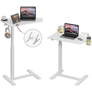 Gas Spring Adjustable Height Rolling Portable Laptop Desk, Mobile Standing Desk on Wheels, Small Sit Stand Desk with Laptop Stand/Cup Holder/Hook (White, 26"x19") (26"x19", White)
