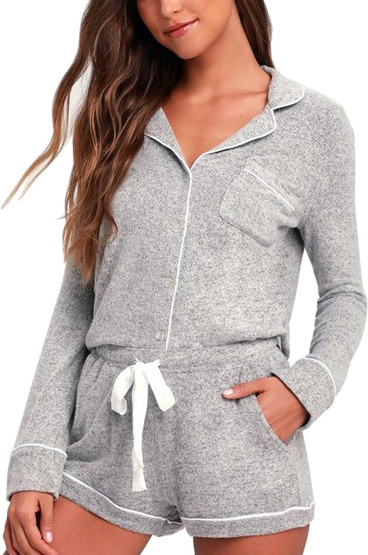 Aamikast Womens Pajama Sets Button Down Long Sleeve Sleepwear Soft 2 Piece Pjs Lounge Set (Gray, XXXL)