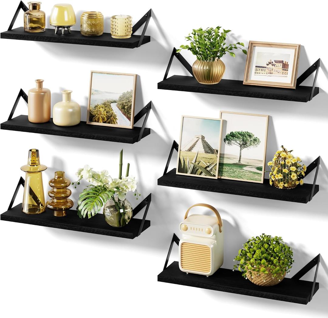 SRIWATANA Floating Shelves for Wall Decor, Wood Wall Shelves for Bathroom, Bedroom, Kitchen, Living Room, Set of 6 (Weathered Black)