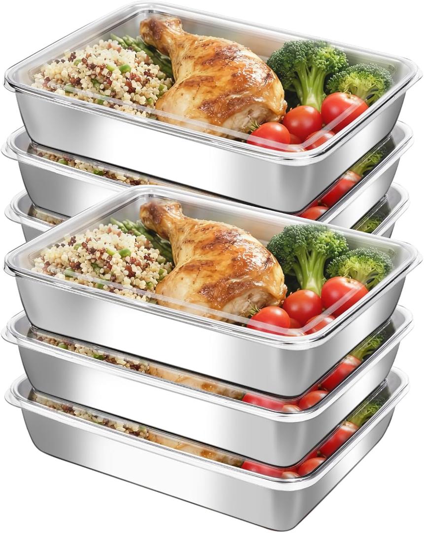 6-Pack Stainless Steel Food Storage Containers with ClearLids - Stackable Metal Meal Prep Boxes for Lunches, Leftovers & Kitchen Organization, BPA-Free & Dishwasher Safe73oz/10X7.68X2.1