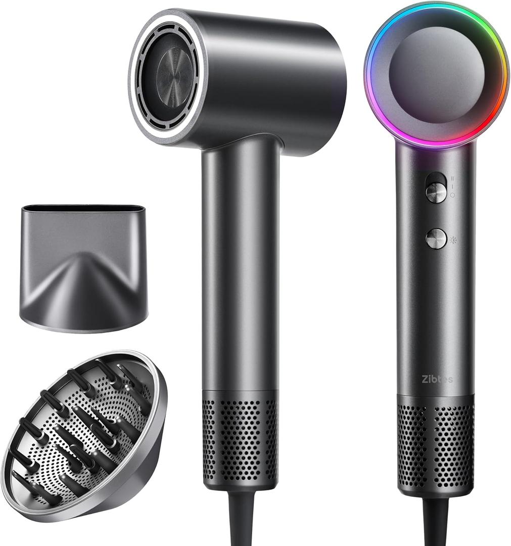 High-Speed Hair Dryer, 160,000 RPM Brushless Motor for Ultra-Fast Drying, 500M Ionic Negative for Frizz Reduce, Low Noise Thermo-Control Blow Dryer with Diffuser for Curly Hair Women and Men,Grey