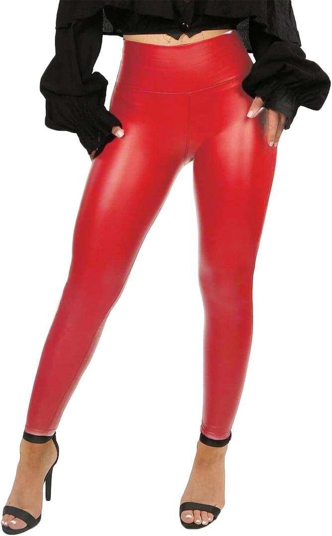 RIOJOY Womens Sexy Leather Leggings PU High Waist Butt Lifting Pleather Pants Stretchy Faux Leather Tights Push Up (Medium, A-basic Red)