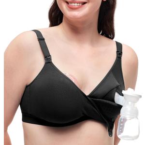 Momcozy Hands-Free Pumping Bra, Wireless & Seamless Breast Pump Bra, Breathable Tencel Fabric & Fully Fixed Cups (Medium, Black)