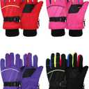 Hicarer 4 Pairs Winter Gloves for Kids Waterproof Snow Ski Gloves Girls Boys Warm Unisex Youth Clothes for Cold Weather (6 - 12 Years, Purple, Pink, Black, Red)