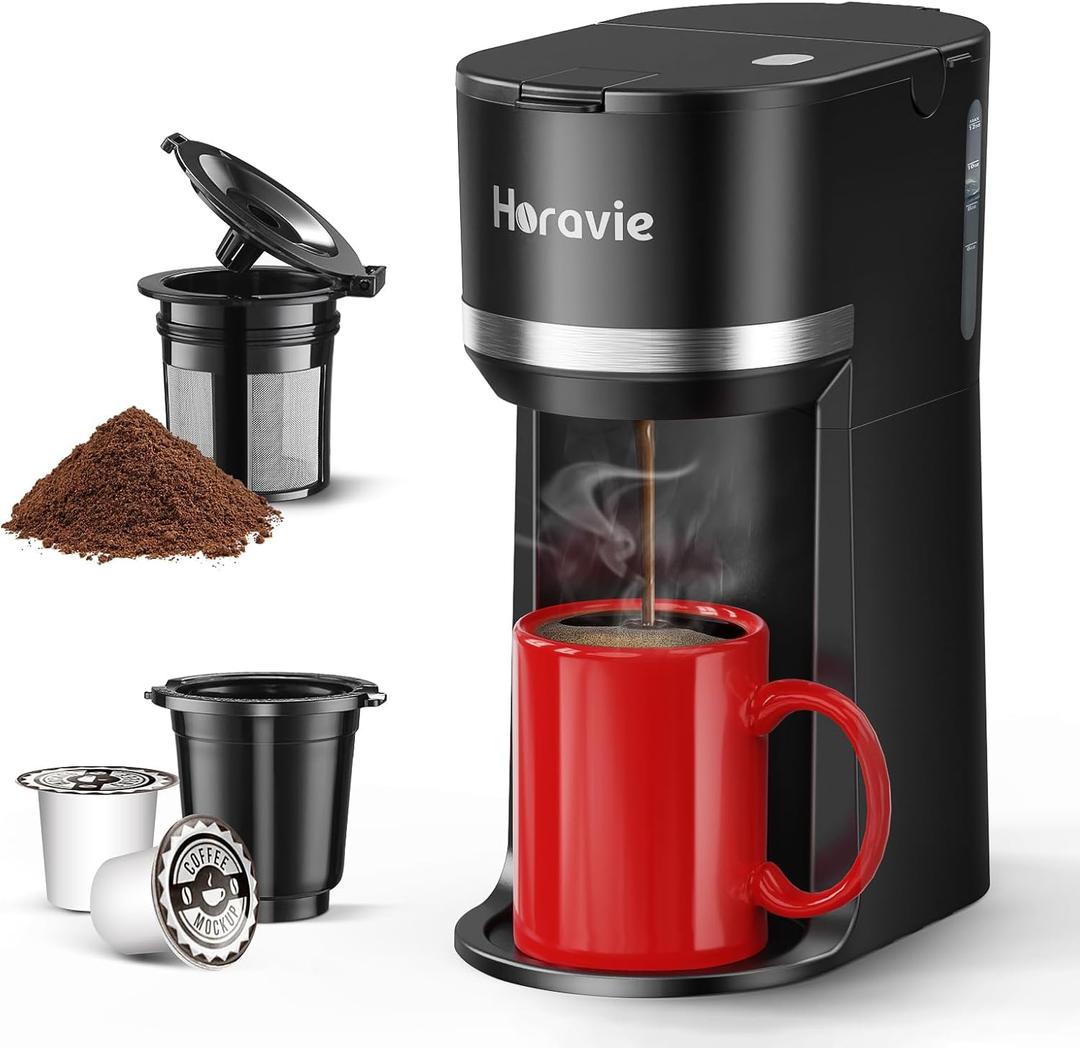 Mini Single Serve Coffee Maker for K Cup and Ground Coffee, Fast Brew One Cup Coffee Machine with Descaling Reminder and Water Window, 6 to 12 oz. Brew Sizes, Black (9.45 Inches)