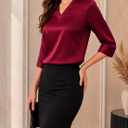 Women Silk Satin Tops 3/4 Length Sleeve Shirts Dressy Casual Blouse V Neck Business Casual Outfits (Red, M)
