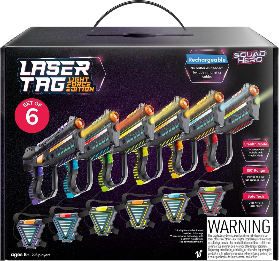 Squad Hero Set of 6 Rechargeable Laser Tag for Kids Teens & Adults - Boys Gifts - Blasters & Vest Sensors - Fun Ideas Age 8+ Year Old Toys - Lazer Teen Boy Game Boys & Girls Outdoor Teenage Activities, 6 Pack