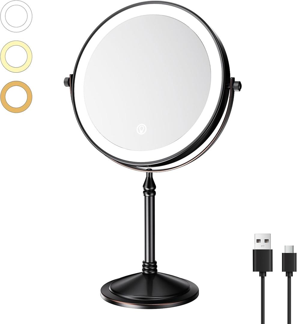 Nicesail Rechargeable Makeup Mirror with Lights and Magnification 10X, 3 Color LED Lights, Cordless Lighted Vanity Desk Mirror with Lights, Light up Magnifying Tabletop 360 Rotation Oil Rubbed Bronze