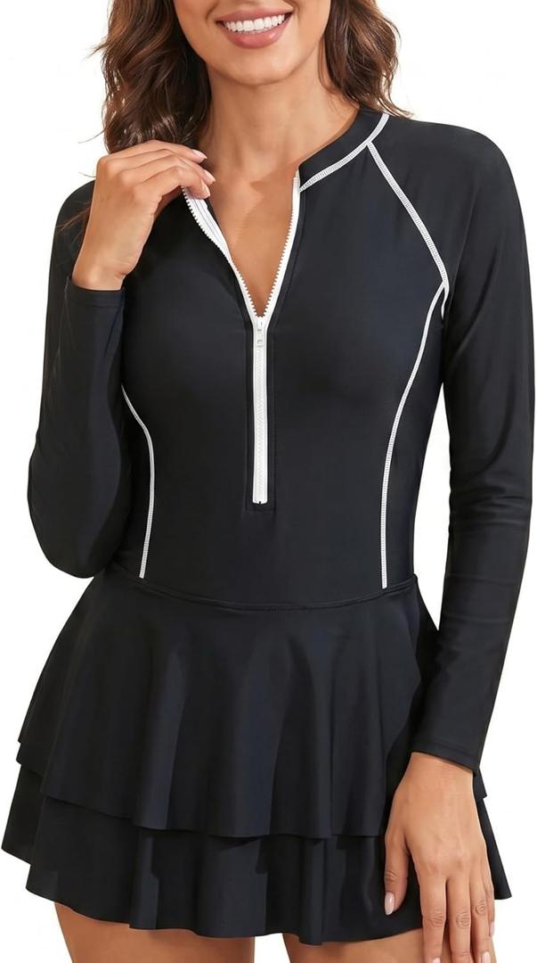 Daci Women Black Long Sleeve One Piece Rash Guard Modest Swimsuits Dress Zipper Bathing Suit Skirt with Short UPF 50+ , M